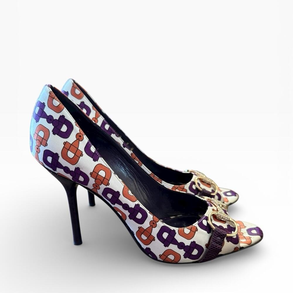 Gucci Crystal Embellished Horsebit Satin Open Toe Pumps Karung Print Size 9 - Picture 4 of 15